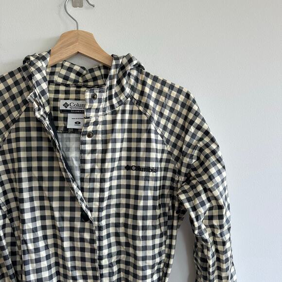 Columbia Plaid Belted Hoodie Waterproof Trench Raincoat Black Ivory M - Picture 3 of 12
